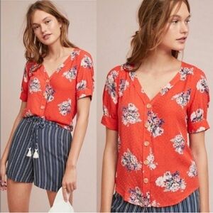 Anthropologie Maeve Hansley Orange Floral Button Down Top